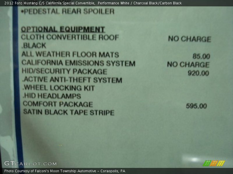  2012 Mustang C/S California Special Convertible Window Sticker