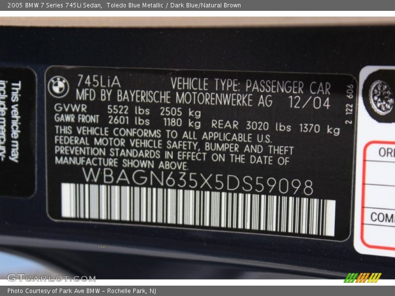 Toledo Blue Metallic / Dark Blue/Natural Brown 2005 BMW 7 Series 745Li Sedan
