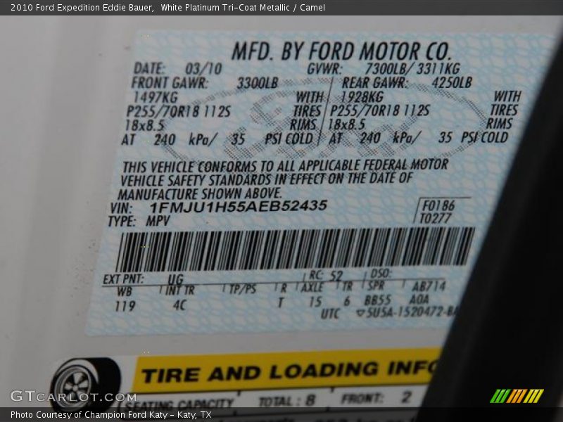 2010 Expedition Eddie Bauer White Platinum Tri-Coat Metallic Color Code UG