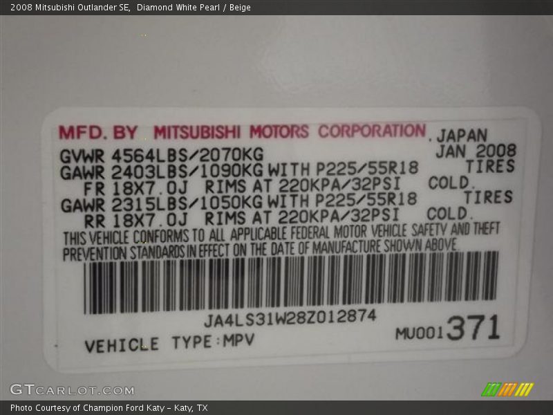 Diamond White Pearl / Beige 2008 Mitsubishi Outlander SE