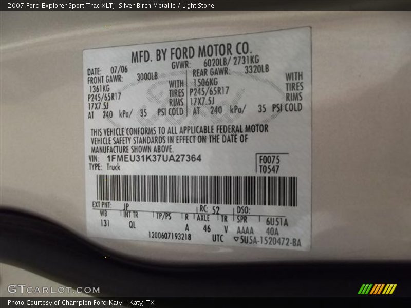 2007 Explorer Sport Trac XLT Silver Birch Metallic Color Code JP