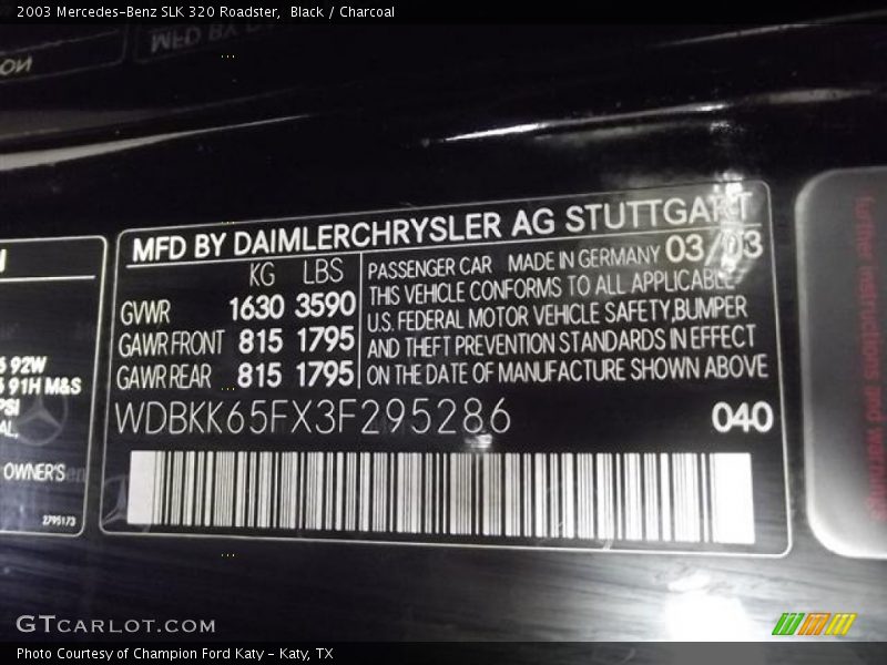 2003 SLK 320 Roadster Black Color Code 040