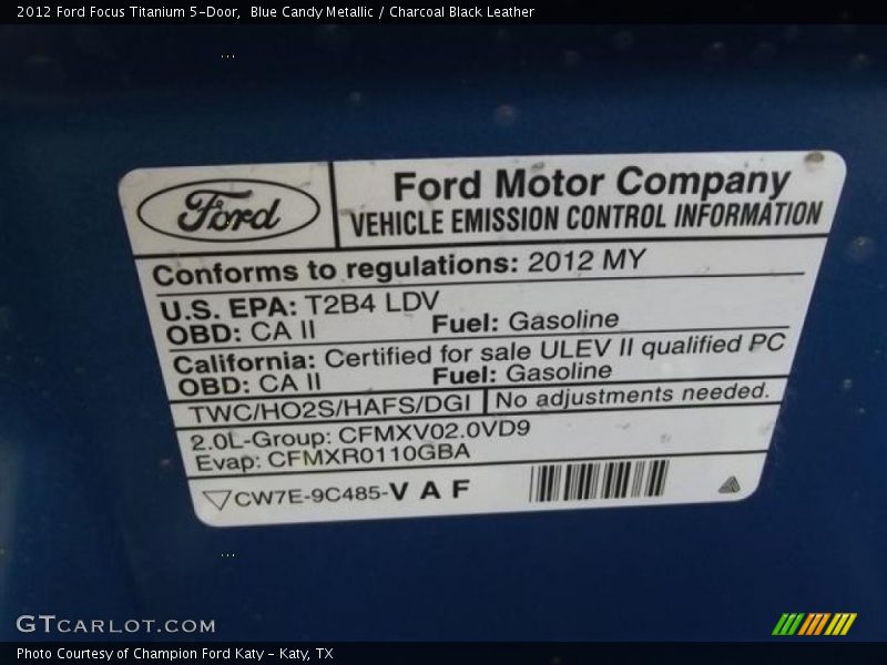 Blue Candy Metallic / Charcoal Black Leather 2012 Ford Focus Titanium 5-Door