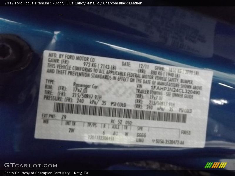 2012 Focus Titanium 5-Door Blue Candy Metallic Color Code Z9
