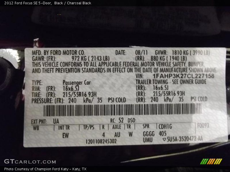 2012 Focus SE 5-Door Black Color Code UA