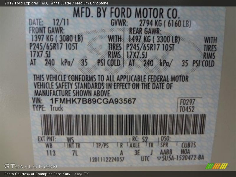 White Suede / Medium Light Stone 2012 Ford Explorer FWD