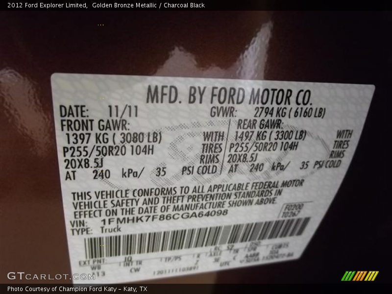 Golden Bronze Metallic / Charcoal Black 2012 Ford Explorer Limited