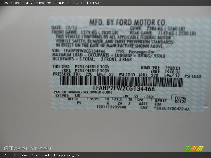 White Platinum Tri-Coat / Light Stone 2012 Ford Taurus Limited