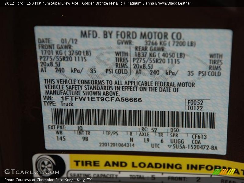2012 F150 Platinum SuperCrew 4x4 Golden Bronze Metallic Color Code JQ