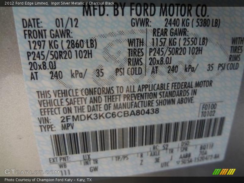 Ingot Silver Metallic / Charcoal Black 2012 Ford Edge Limited