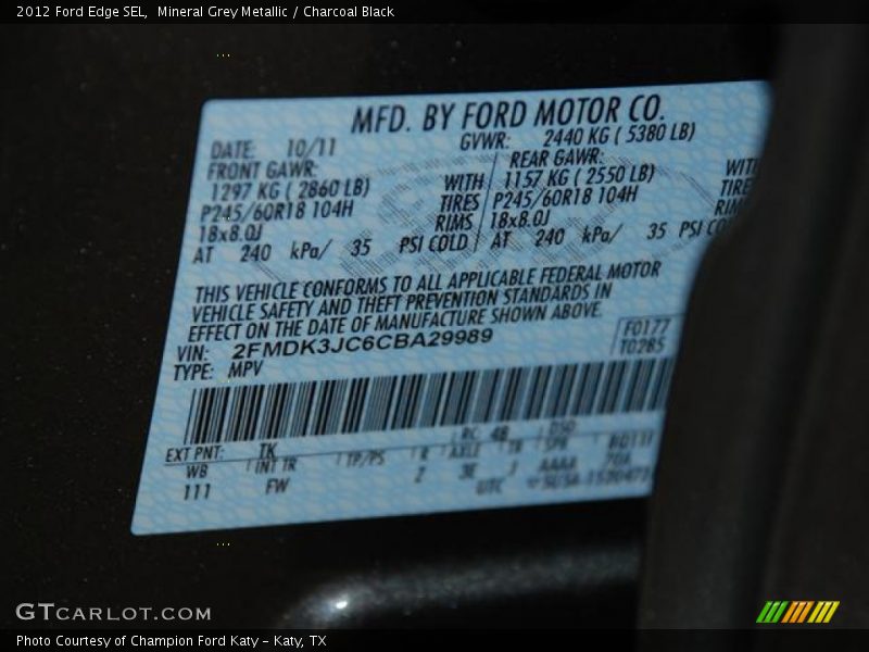 Mineral Grey Metallic / Charcoal Black 2012 Ford Edge SEL