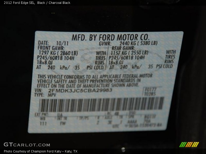 Black / Charcoal Black 2012 Ford Edge SEL