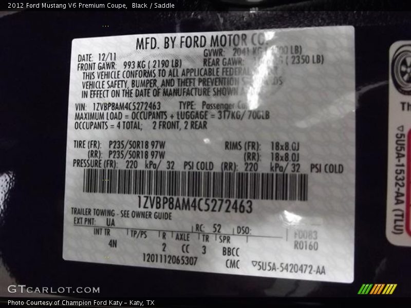 2012 Mustang V6 Premium Coupe Black Color Code UA