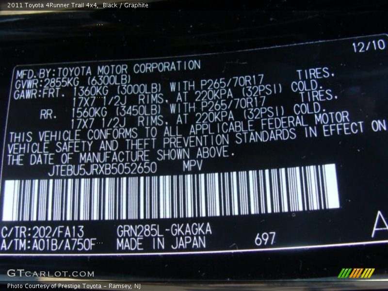 Black / Graphite 2011 Toyota 4Runner Trail 4x4