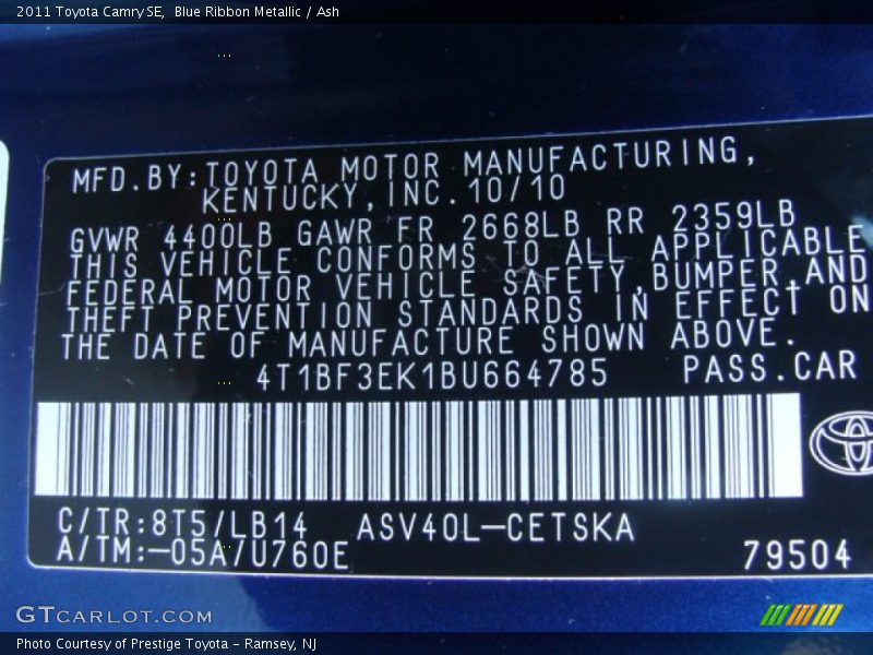 Blue Ribbon Metallic / Ash 2011 Toyota Camry SE