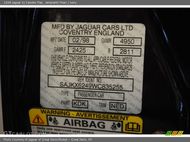 1998 XJ Vanden Plas Amaranth Pearl Color Code KDK