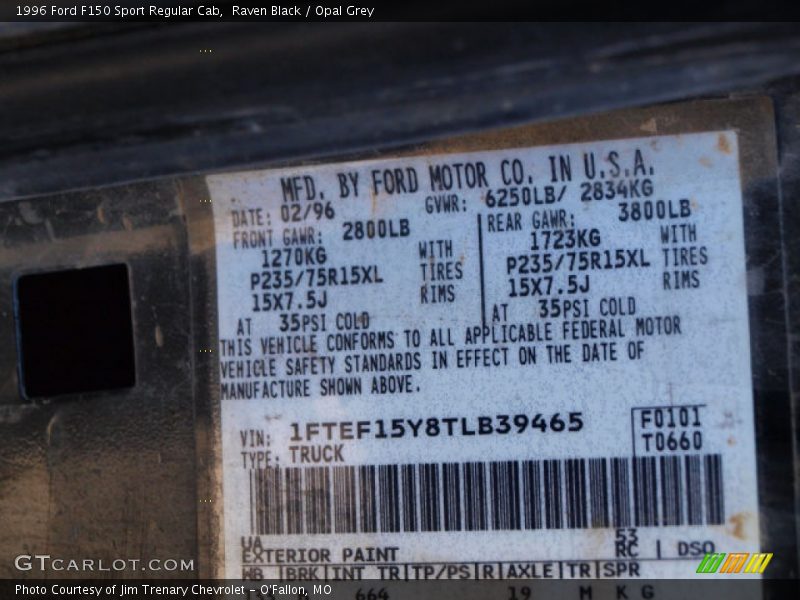 1996 F150 Sport Regular Cab Raven Black Color Code UA