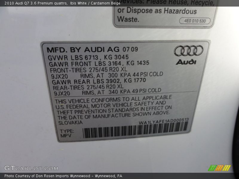 Ibis White / Cardamom Beige 2010 Audi Q7 3.6 Premium quattro