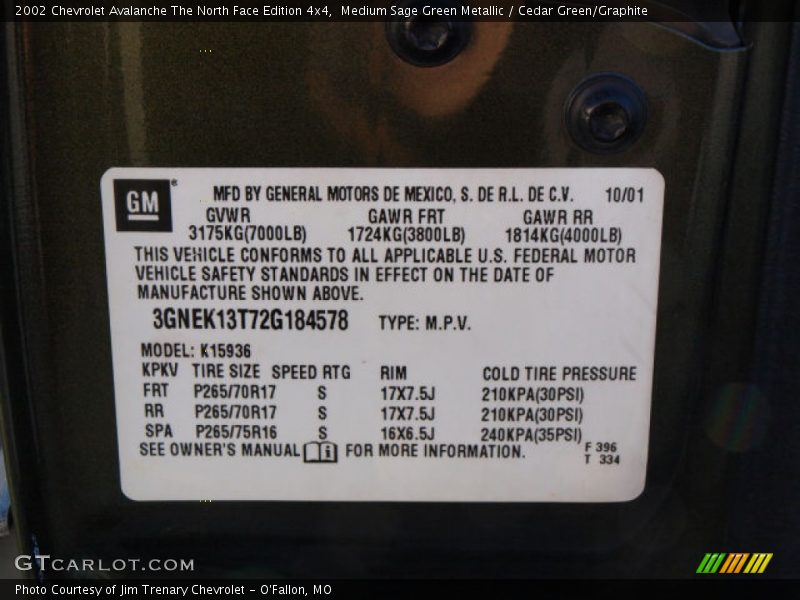 Info Tag of 2002 Avalanche The North Face Edition 4x4
