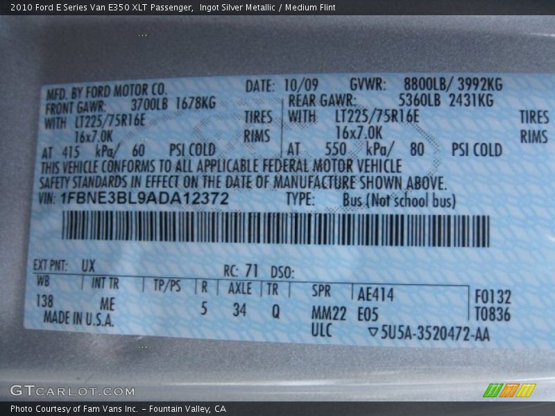 2010 E Series Van E350 XLT Passenger Ingot Silver Metallic Color Code UX