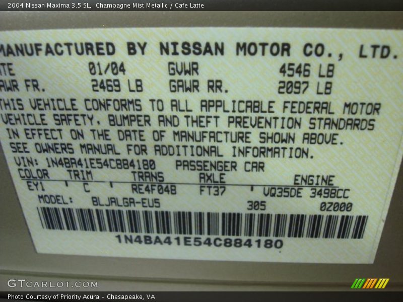 Champagne Mist Metallic / Cafe Latte 2004 Nissan Maxima 3.5 SL