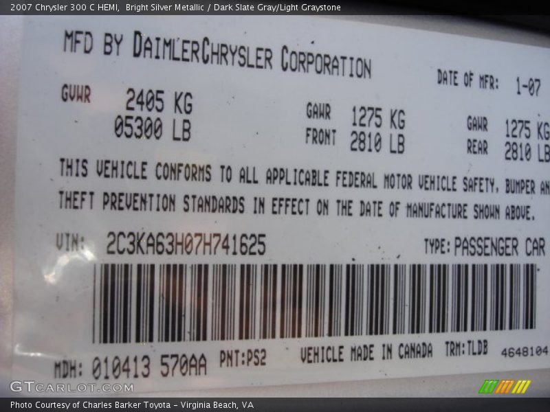 Bright Silver Metallic / Dark Slate Gray/Light Graystone 2007 Chrysler 300 C HEMI
