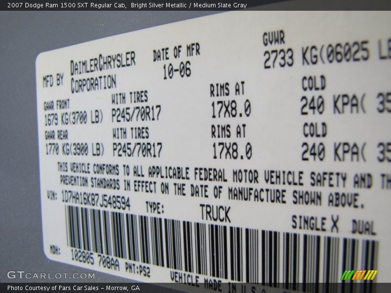 Bright Silver Metallic / Medium Slate Gray 2007 Dodge Ram 1500 SXT Regular Cab