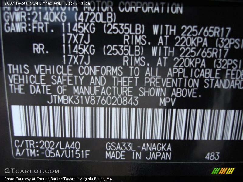 Black / Taupe 2007 Toyota RAV4 Limited 4WD