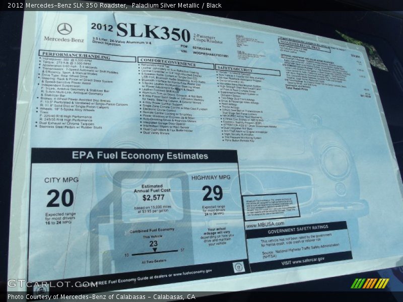  2012 SLK 350 Roadster Window Sticker