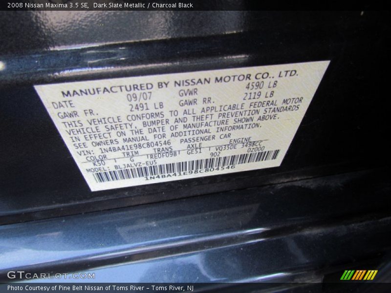 Dark Slate Metallic / Charcoal Black 2008 Nissan Maxima 3.5 SE