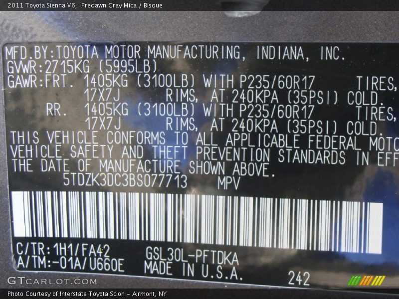 Predawn Gray Mica / Bisque 2011 Toyota Sienna V6