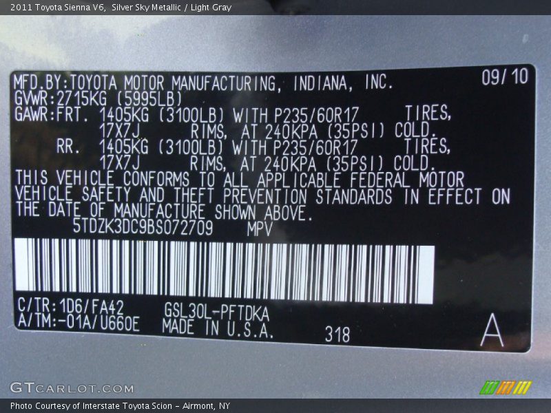 Silver Sky Metallic / Light Gray 2011 Toyota Sienna V6