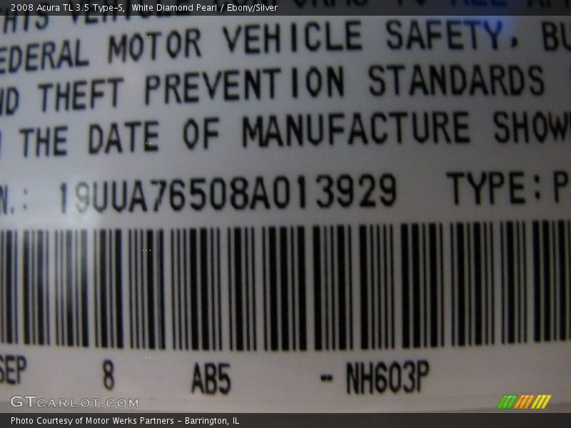 2008 TL 3.5 Type-S White Diamond Pearl Color Code NH603P