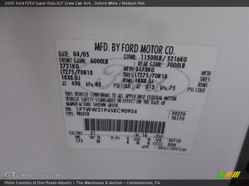 2005 F350 Super Duty XLT Crew Cab 4x4 Oxford White Color Code Z1
