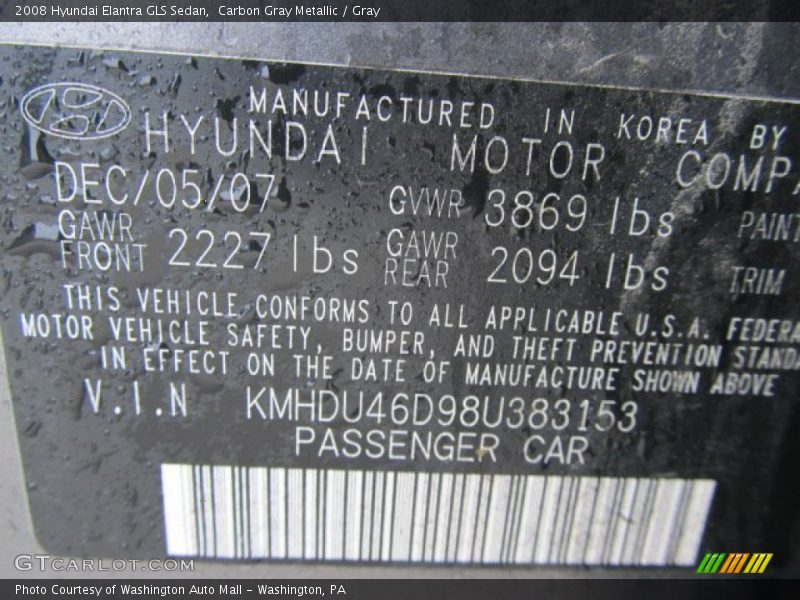Carbon Gray Metallic / Gray 2008 Hyundai Elantra GLS Sedan