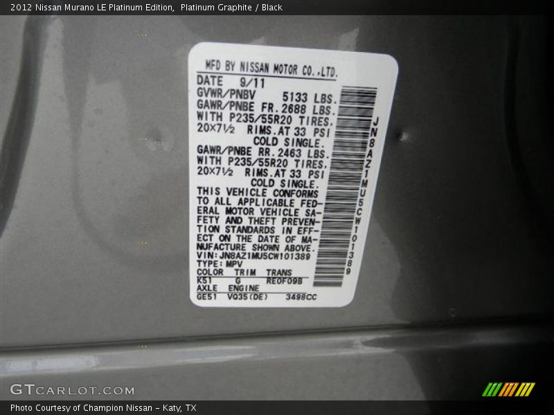 2012 Murano LE Platinum Edition Platinum Graphite Color Code K51