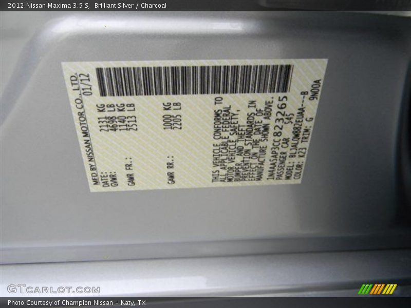 Brilliant Silver / Charcoal 2012 Nissan Maxima 3.5 S