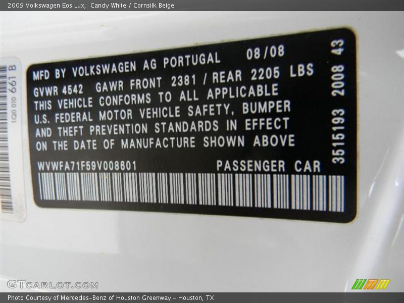 Candy White / Cornsilk Beige 2009 Volkswagen Eos Lux