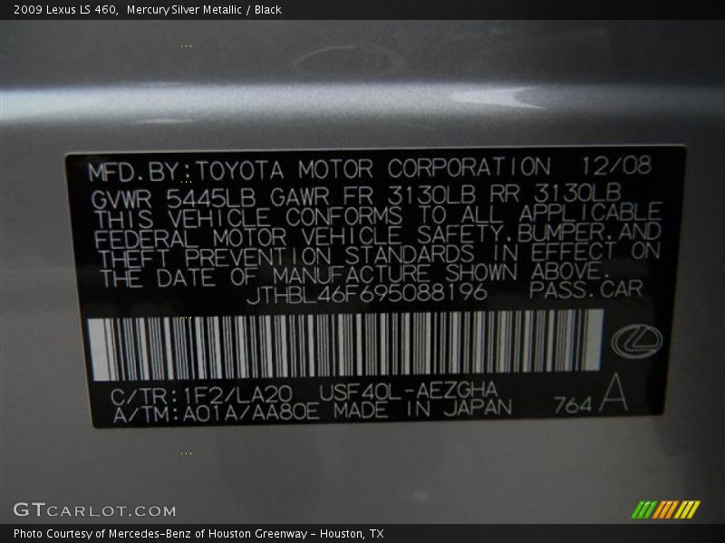 2009 LS 460 Mercury Silver Metallic Color Code 1F2
