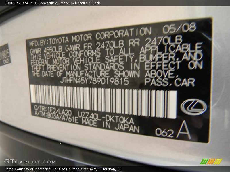 Mercury Metallic / Black 2008 Lexus SC 430 Convertible