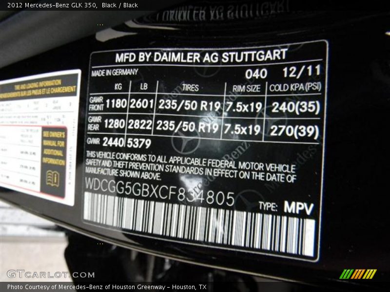 2012 GLK 350 Black Color Code 040