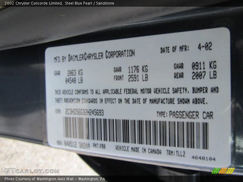 2002 Concorde Limited Steel Blue Pearl Color Code PBQ