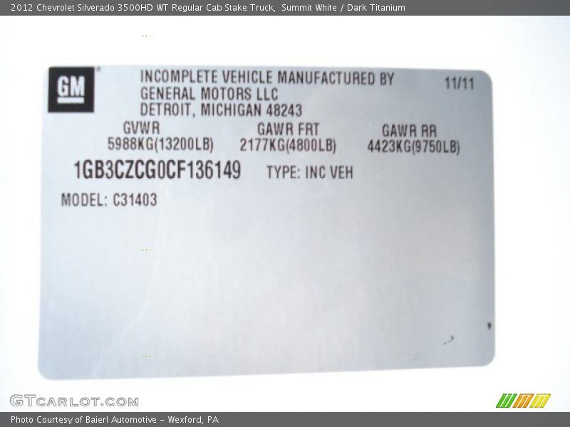 Summit White / Dark Titanium 2012 Chevrolet Silverado 3500HD WT Regular Cab Stake Truck
