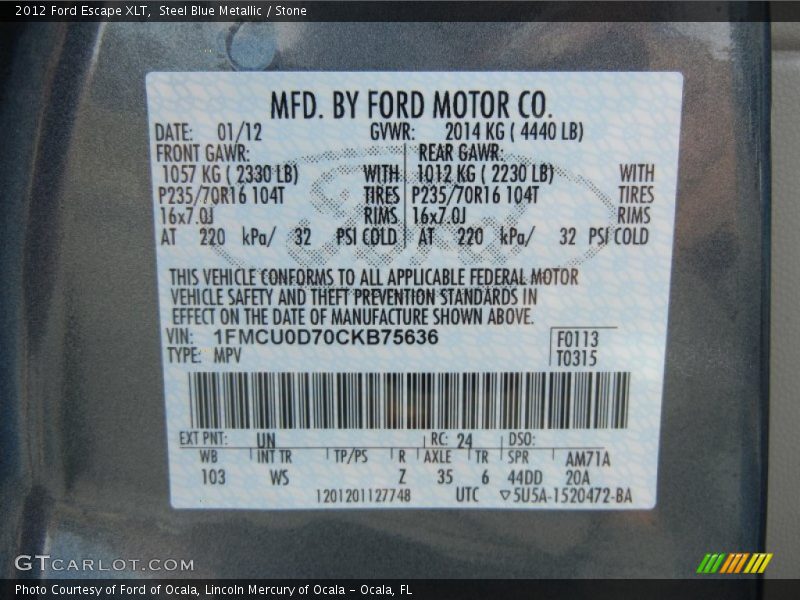 Steel Blue Metallic / Stone 2012 Ford Escape XLT