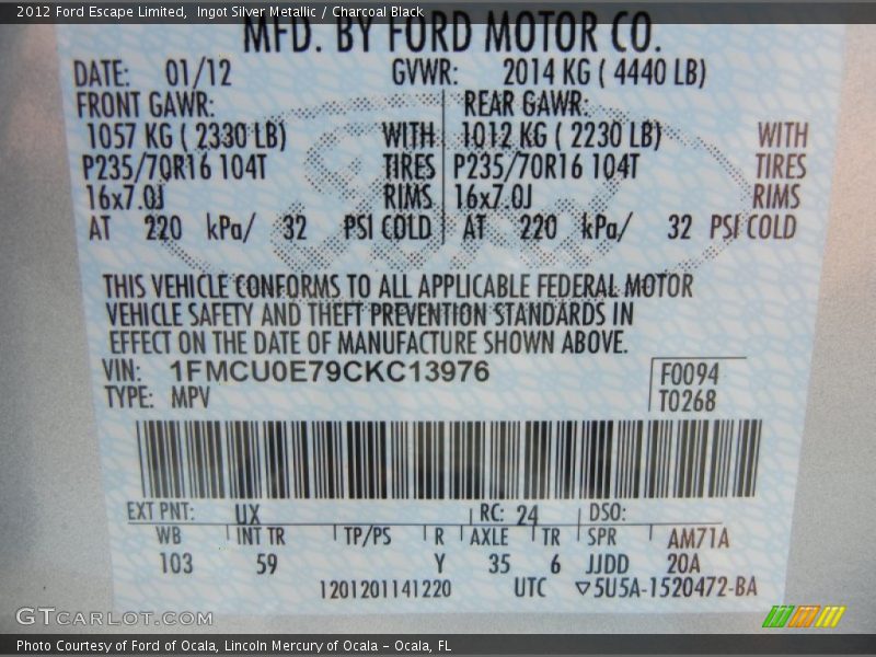 Ingot Silver Metallic / Charcoal Black 2012 Ford Escape Limited