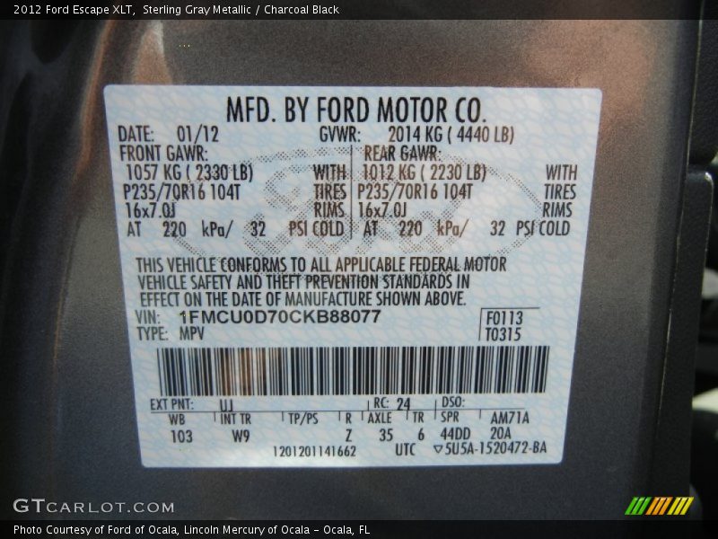 Sterling Gray Metallic / Charcoal Black 2012 Ford Escape XLT