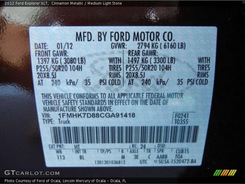 2012 Explorer XLT Cinnamon Metallic Color Code HT
