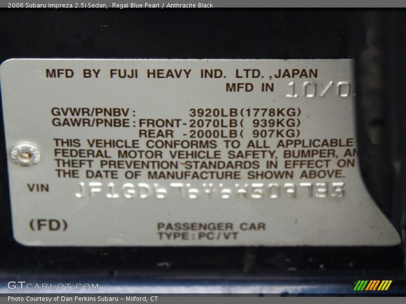 Regal Blue Pearl / Anthracite Black 2006 Subaru Impreza 2.5i Sedan