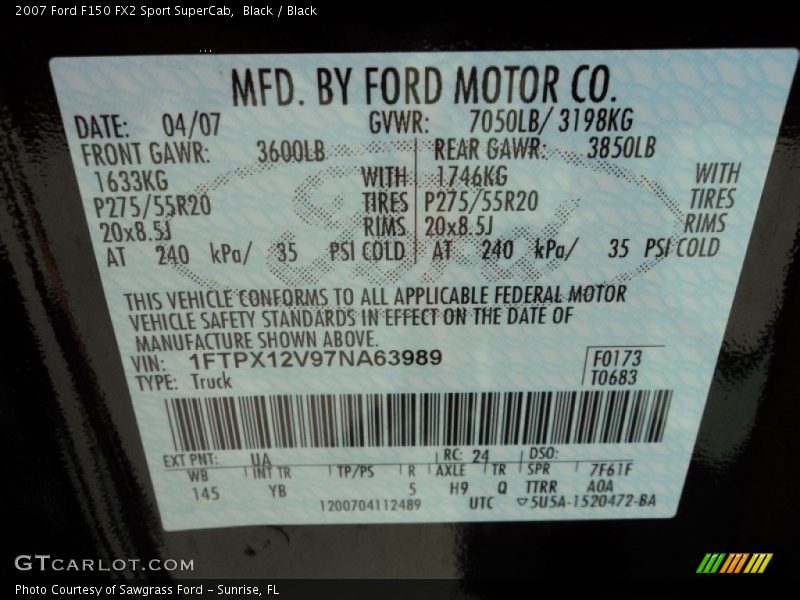 2007 F150 FX2 Sport SuperCab Black Color Code UA