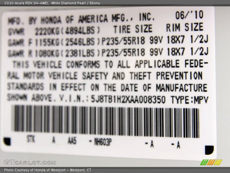 White Diamond Pearl / Ebony 2010 Acura RDX SH-AWD